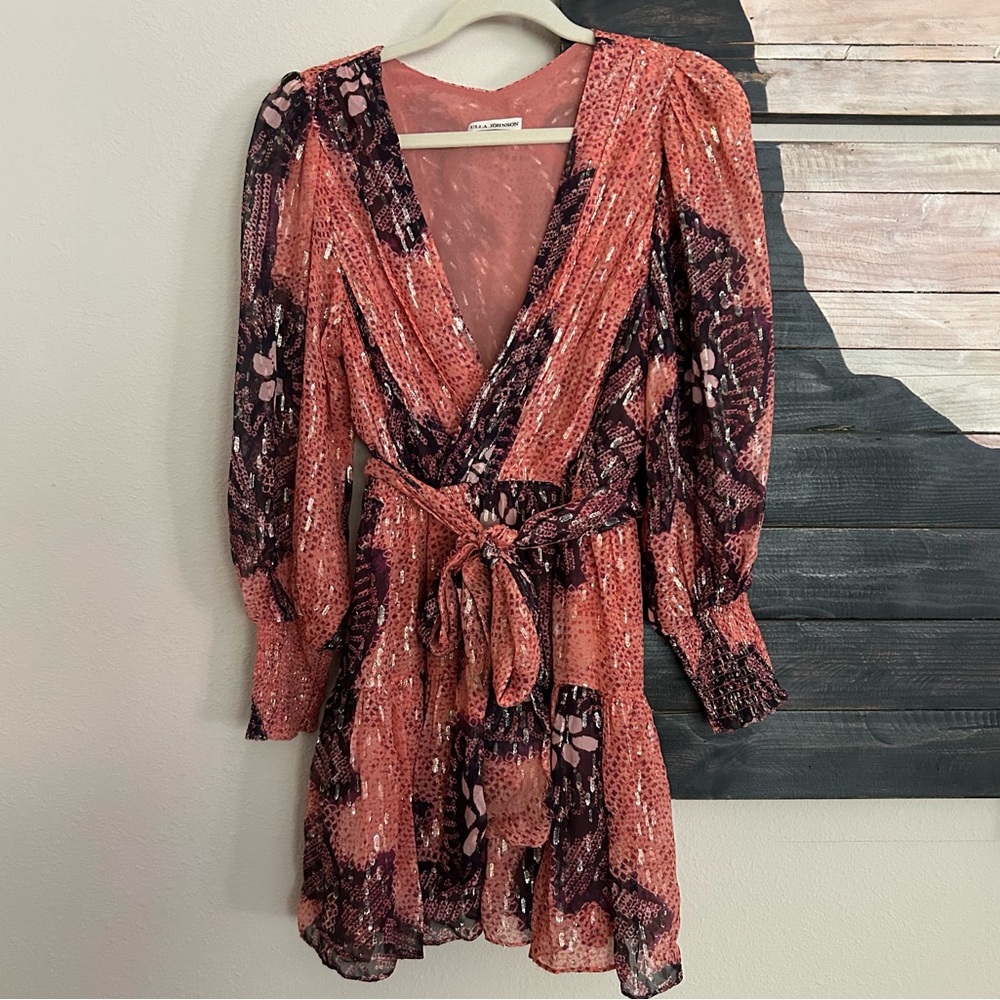 Ulla Johnson Noemi Coral and Metallic Silk Mini Dress - Picture 1 of 14